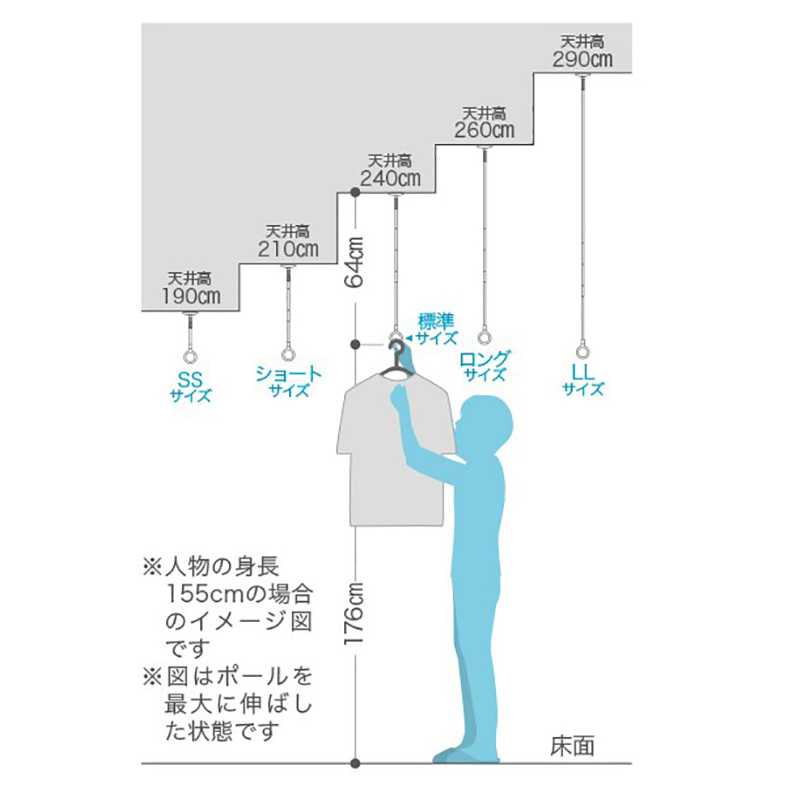 ホスクリーン QSC-15 BK ブラック 川口技研 屋内用 物干金物 【ポール+竿】セット