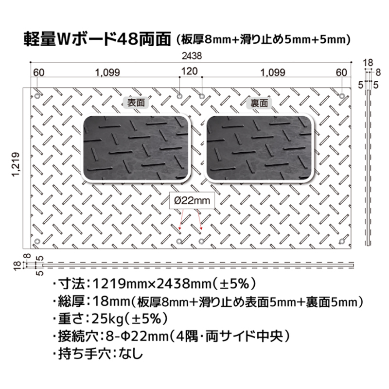 樹脂製 敷板 軽量 Wボード 両面凸 厚み18mm（4尺×8尺）緑 Wボード48 養生 ウッドプラスチック（法人限定）